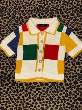 AKIRA White Knit Polo with Red, Green, Yellow & Blue Blocks